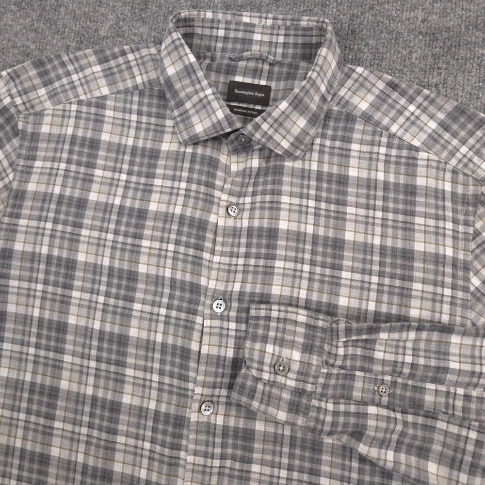 Ermenegildo Zegna Shirt Mens XL Gray Plaid Premium Cotton Brushed Twill Romania
